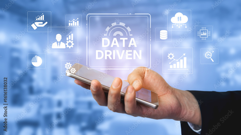 Poster data-driven decision-making empowers business through analytics, datum collection, and ai systems. d