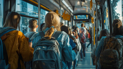 Group of diverse passengers sitting together on a city bus enjoying their commute and conversations