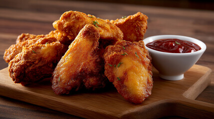 Golden Fried Chicken Wings On Wooden Tray, Bbq Dipping Sauce Beside