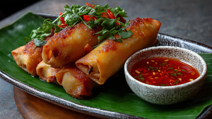 Crispy Thai Spring Rolls On Banana Leaf Plate, Dipped In Sweet Chili