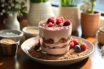 Dessert With Raspberries and Toppings on a Plate