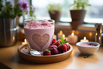 Glass of Milk With Strawberries and Raspberries on a Plate