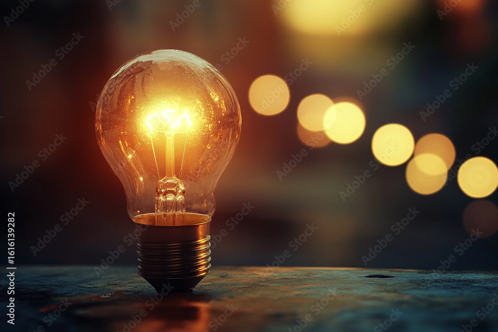 Aufkleber glowing lightbulb on dark surface with bokeh background illuminating ideas and innovation