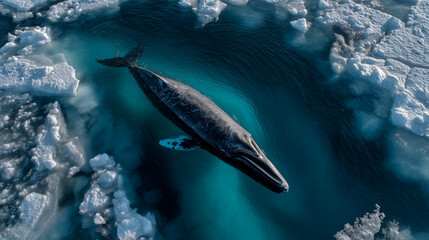 Drone shot of bowhead whale  beneath transparent sea ice shelf, visible through shallow water cracks