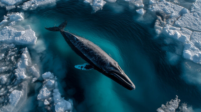 Drone shot of bowhead whale  beneath transparent sea ice shelf, visible through shallow water cracks