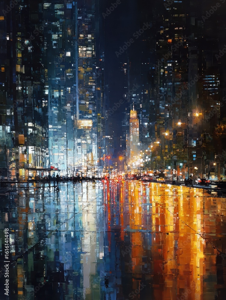 Poster a mesmerizing cityscape filled with bright lights and abstract visual elements, representing the int