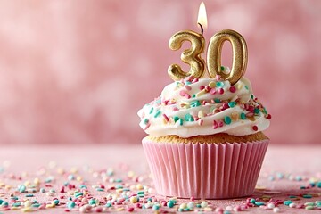 Delicious cupcake celebrating a 30th birthday with lit candle