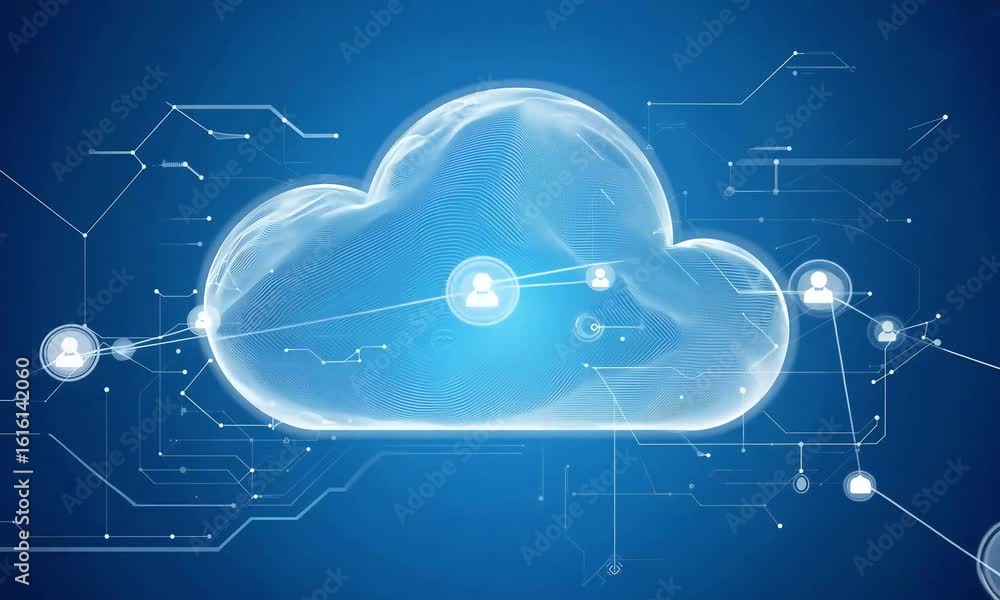Poster a blue cloud with white lines and dots on a blue background representing cloud computing technology