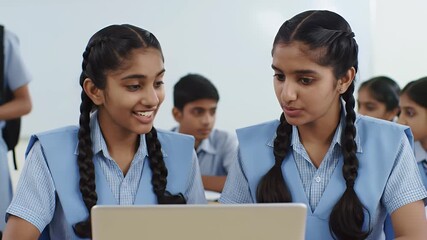 Two Indian School Girls in Blue Uniforms Using Laptop in Bright Classroom - Powered by Adobe