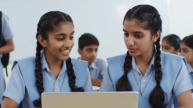 Two Indian School Girls in Blue Uniforms Using Laptop in Bright Classroom - Powered by Adobe