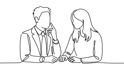 Minimalist black line art illustration of two people seated at a table in conversation, symbolizing meeting, interview, collaboration, or discussion