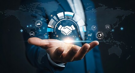 Secure global partnerships with this dynamic handshake icon and futuristic business analytics display