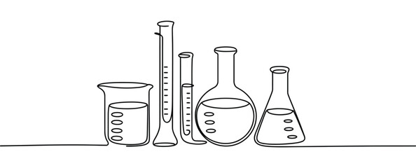 Minimalist black line art illustration of laboratory glassware including beaker, flask, test tube, and graduated cylinder for scientific themes © Zavivec