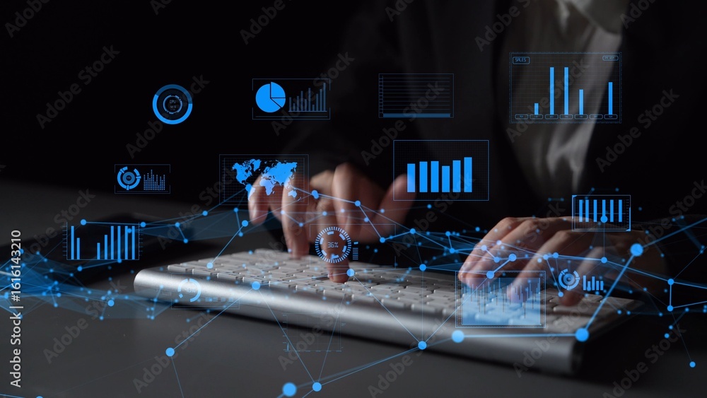 Aufkleber a business professional interacts with a digital interface displaying various graphs and charts, ill