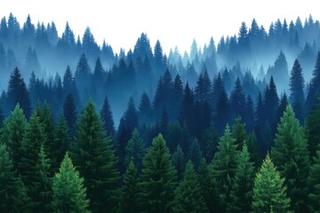 Fototapeta premium Lush enchanted forest shrouded in mist with towering evergreen trees and tranquil atmosphere creating a serene wilderness backdrop captured with clarity