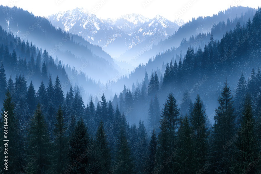 Poster captivating misty mountain landscape showcasing a serene twilight atmosphere with layers of dense pi