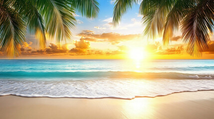 An exquisite tropical beach scene with lush palm trees and crystal clear waters under sunny skies
