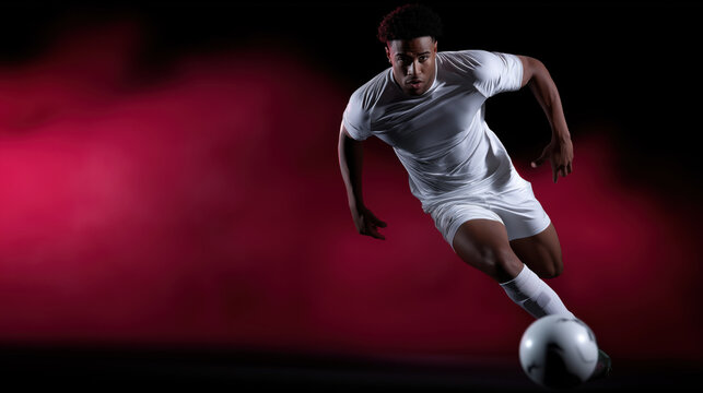 African American male soccer player in white uniform sprinting with ball on dark red smoky background