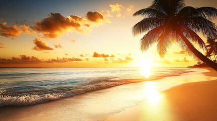 A serene beach landscape with a single palm tree standing tall against the backdrop of clear sky