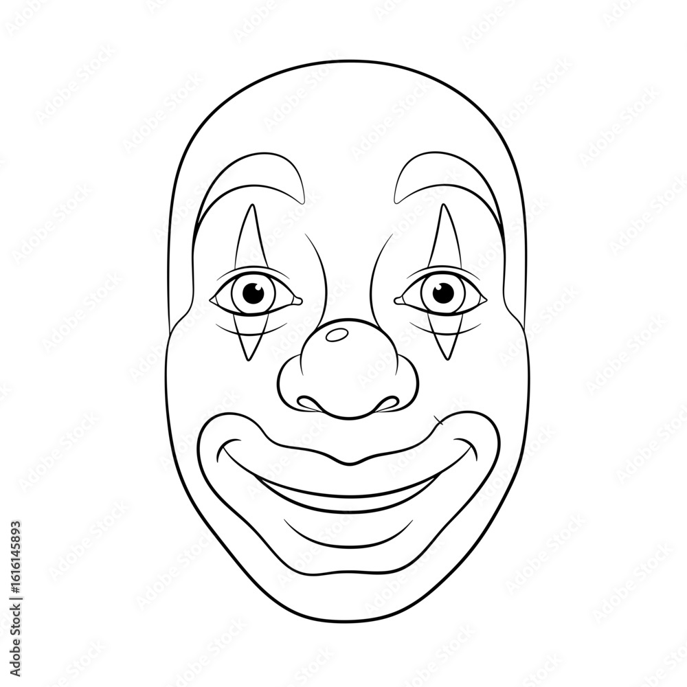 Poster outlined illustration of a clown face with a large smile and triangular shapes above the eyes drawn 