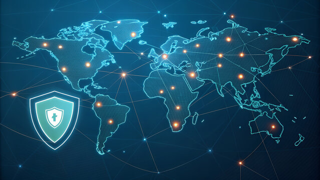 Photo of a digital world map with cybersecurity shield for global protection - Powered by Adobe