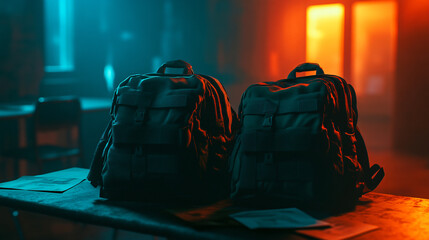 Two stylish backpacks resting on a wooden table ready for adventure and travel enthusiasts