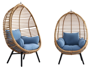 A hanging chair with black metal frame and blue cushion, in two different angles, transparent background.