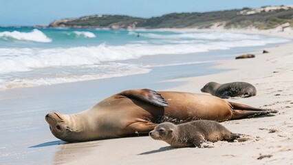 Sea lions resting on a sandy beach near turquoise waters