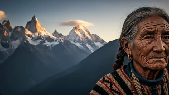 Profound Gaze: Elderly Indigenous Woman's Resilient Portrait Against Majestic Golden-Lit Mountains