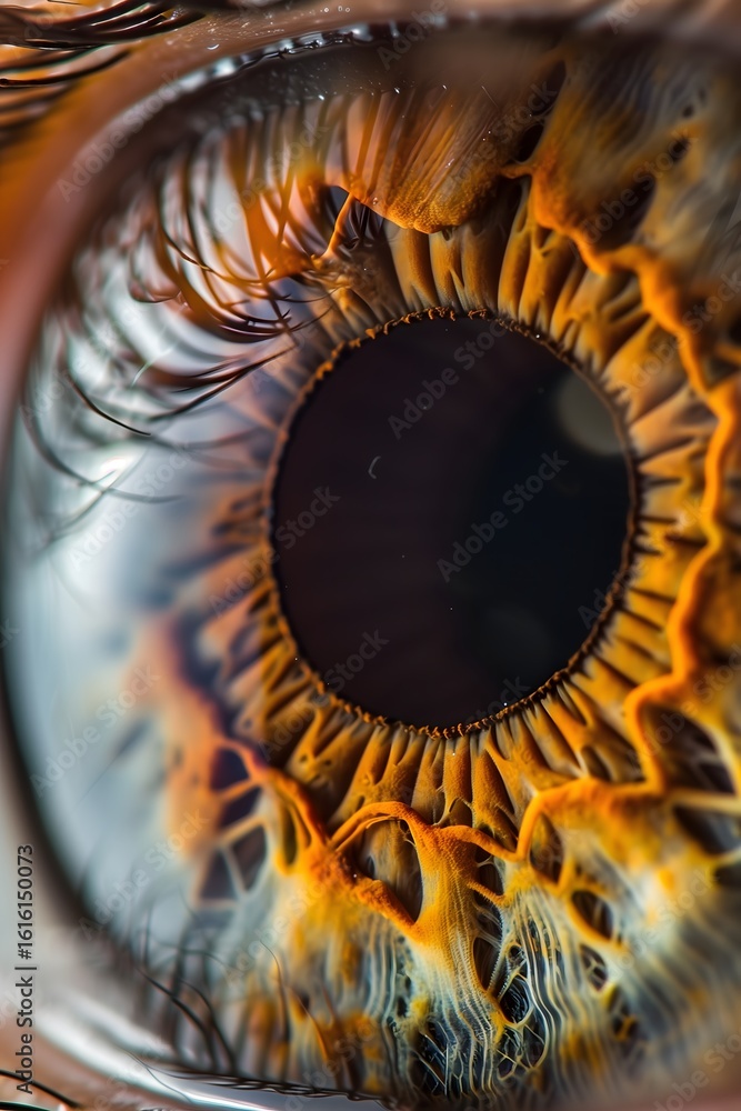 Poster a detailed macro photograph reveals the unique patterns and textures of an iris, illuminated to high