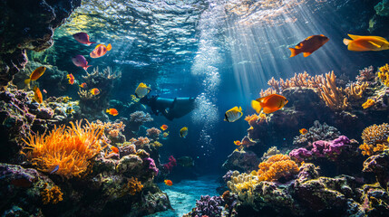 Vibrant coral reef thriving with an abundance of colorful fish swimming in crystal clear waters