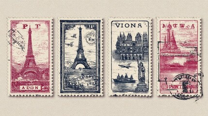 International travel visa passport stamps vector set. Paris and toronto, hong kong and port of amsterdam illustration, no logos, no brands