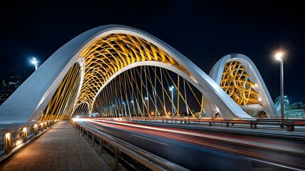 Obraz premium Illuminated Modern Bridge with Dynamic Light Trails and Urban Skyline at Night