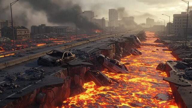 Apocalyptic Urban Landscape with Lava Flowing Through Destroyed City Streets a Visual Masterpiece