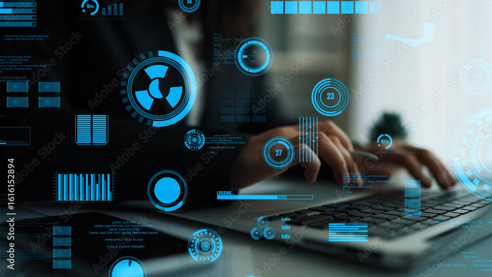 Poster a professional interacts with a laptop in a modern workspace, surrounded by vibrant data visualizati