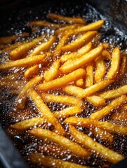 Shoestring French fries frying in hot oil, creating a crispy golden texture in a deep fryer at a busy kitchen