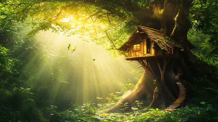 Enchanting tree house nestled among lush green canopy in a serene woodland setting