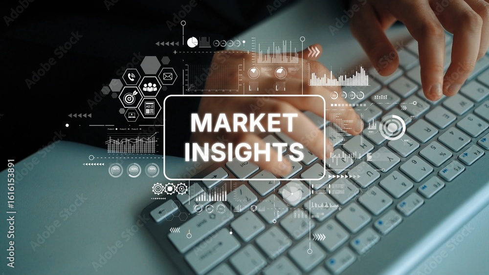 Poster digital analysis of market insights with hands on keyboard and data graphics overlay. asymptotic sma