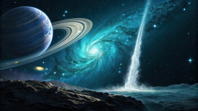Alien planet landscape with ringed planet and galactic waterfall - Powered by Adobe