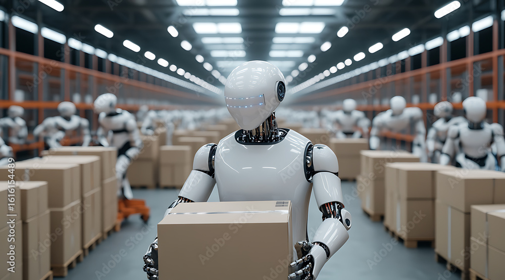 Poster robotic warehouse workers: automating logistics with humanoid robots efficiently handling packages i