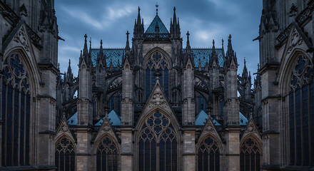 Fototapeta premium Photograph a majestic Gothic cathedral in Europe, emphasizing pointed arches, flying buttresses, stained glass, and detailed stonework. Shoot during blue hour or golden light for dramatic effect.