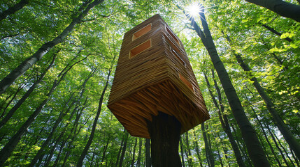 Charming tree house among towering trees in a lush green woodland setting for children