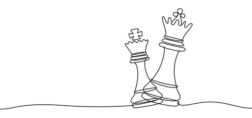 Minimal vector illustration of king and queen chess pieces leaning together in continuous line style, symbolizing strategy, leadership, and unity
