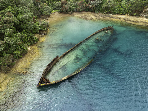 Aerial view of a shipwreck resting in the turquoise waters near a forest edge, a stark contrast of decay and vibrant life, Auckland, Auckland, New Zealand.