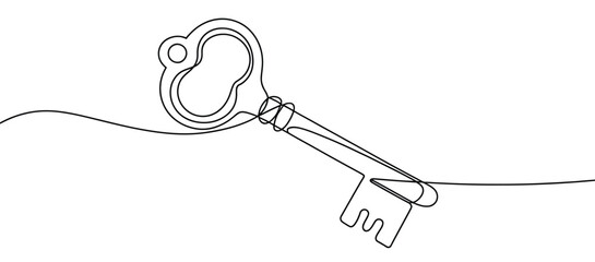 Minimal vector illustration of a key drawn in continuous line style with circular cutouts and a notched bit, symbolizing access and security