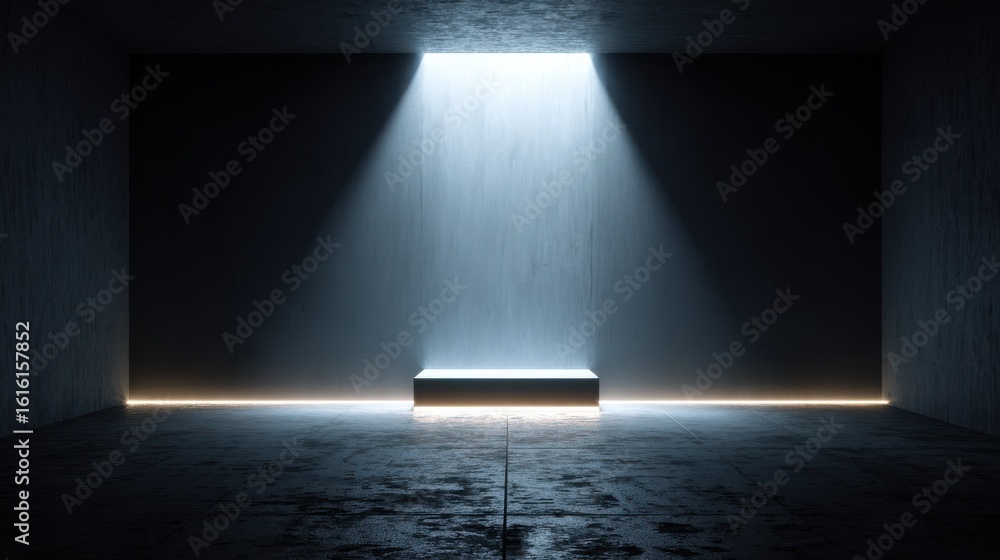 Poster glowing backdrop with spotlight and blank wall. stage concept and copy space. mock up. 3d rendering,