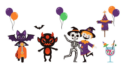 Fototapeta premium Halloween illustration set. Cartoon bat riding a scooter, devil character, dancing skeleton and witch, scarecrow, spooky drink, and balloons. Festive holiday design elements. Vector illustration.