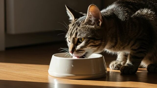 A tabby cat drinks water from a bowl in a sunlit kitchen, showcasing pet care and domestic animal