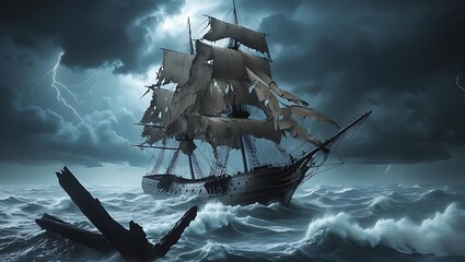 Ancient sailing vessel battered by tempestuous seas under stormy skies ship waves