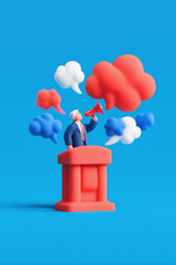 3D politician shouting into megaphone on podium. Colorful political speech illustration with copy space
